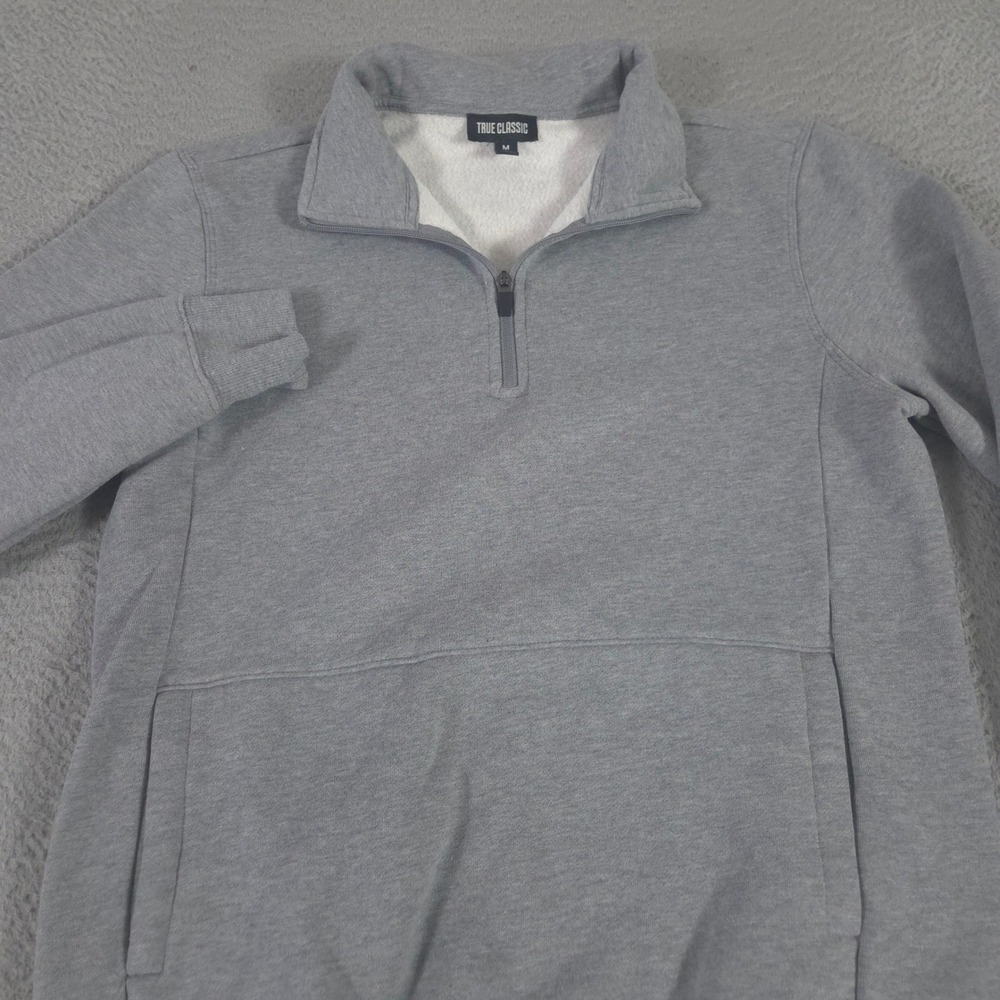 True Classic Sweatshirt Mens M Grey Fleece Half Zip Cotton Blend Kangaroo Pocket